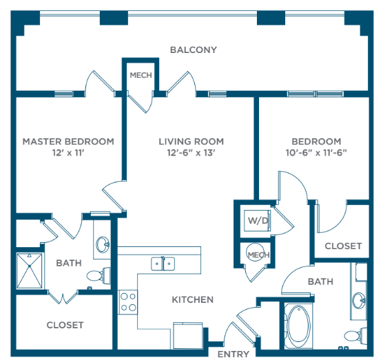 A floor plan of a two-bedroom apartment with labeled rooms, including bathrooms, a kitchen, living room, and a balcony.