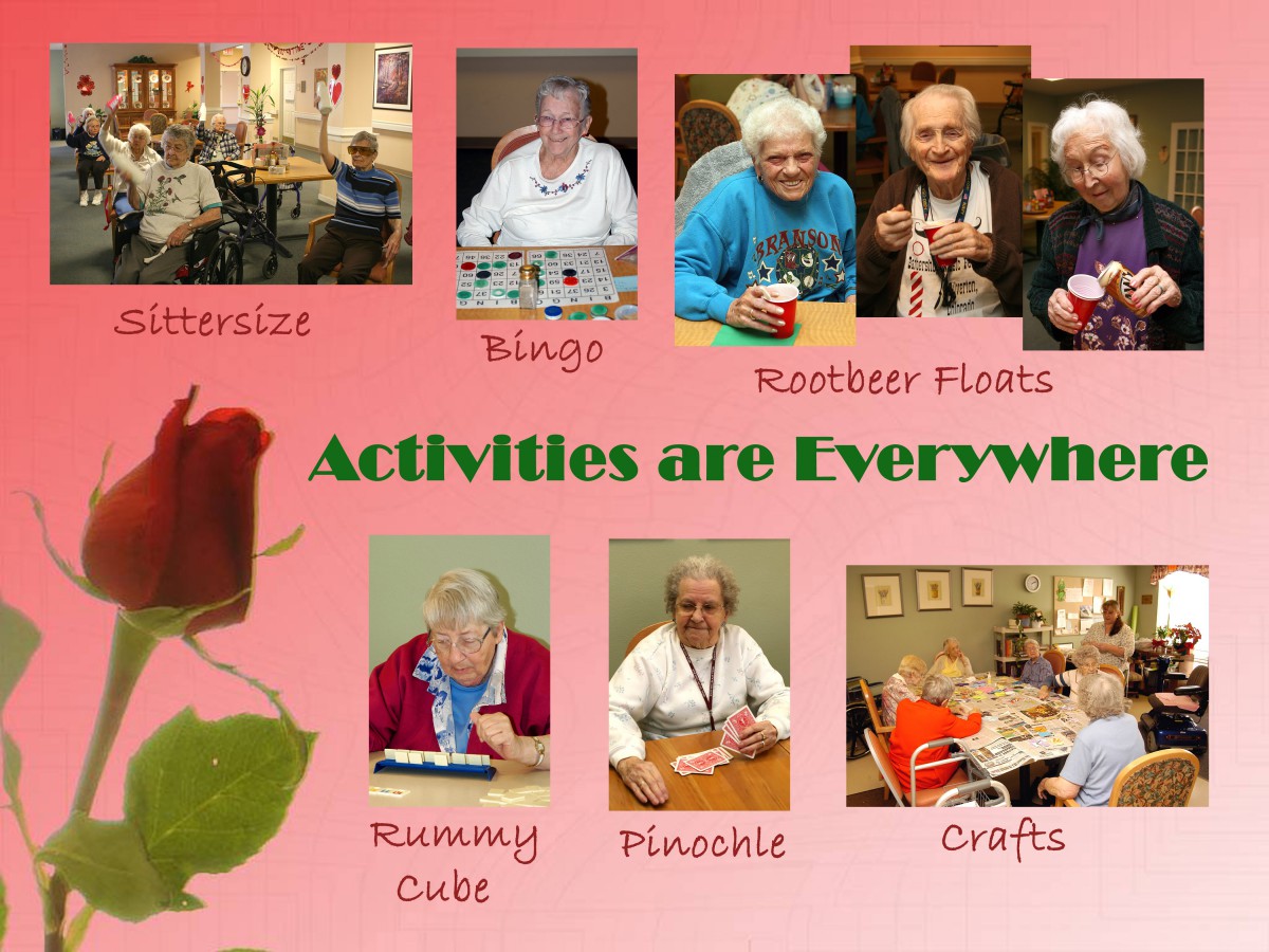 Elderly enjoying various social and recreational activities including bingo, knitting, crafts, and card games.