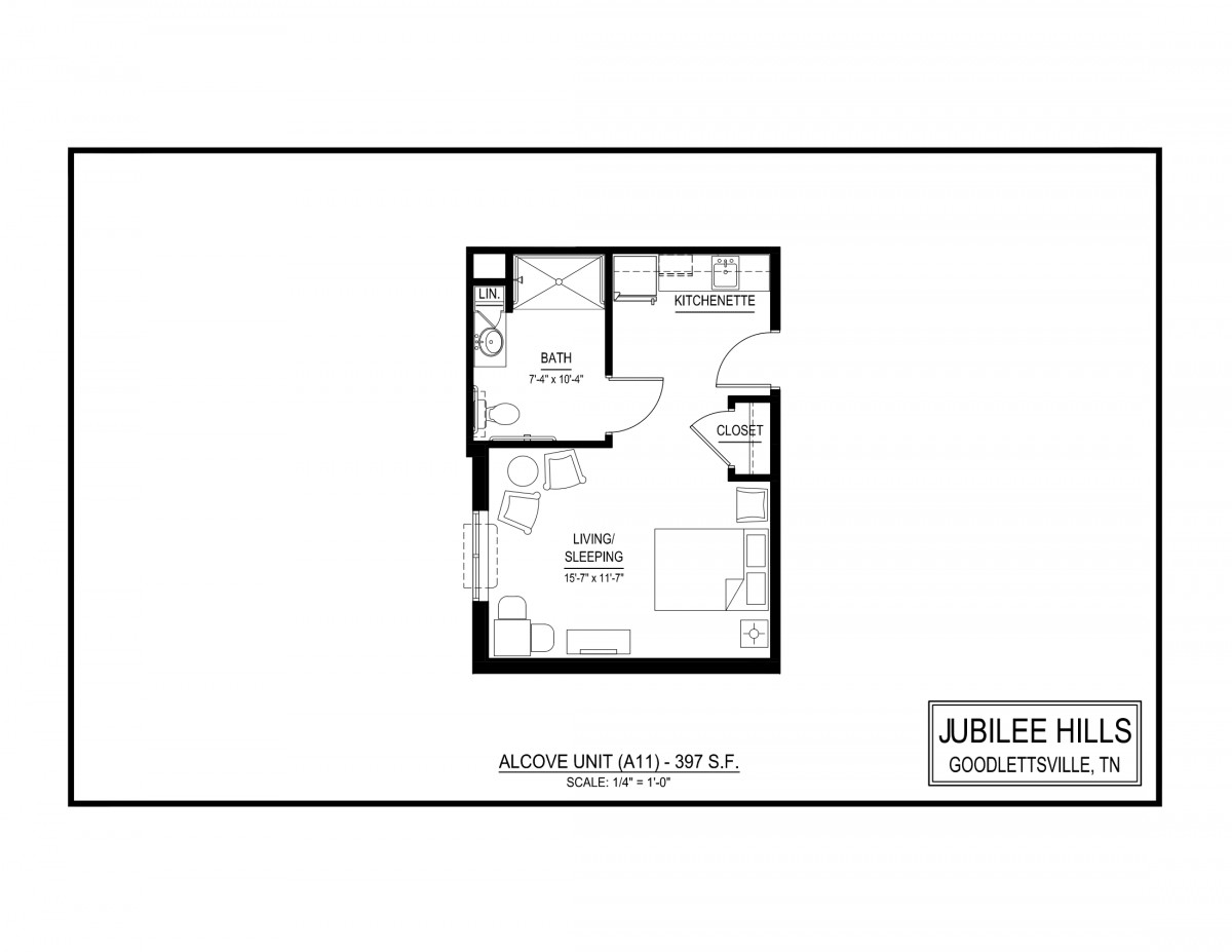 Studio apartment floor plan with a compact layout including living, sleeping, and kitchen areas.