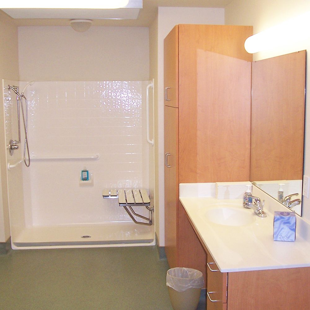 An accessible bathroom with a walk-in shower and handrails, alongside a sink with a large mirror and wooden cabinetry.