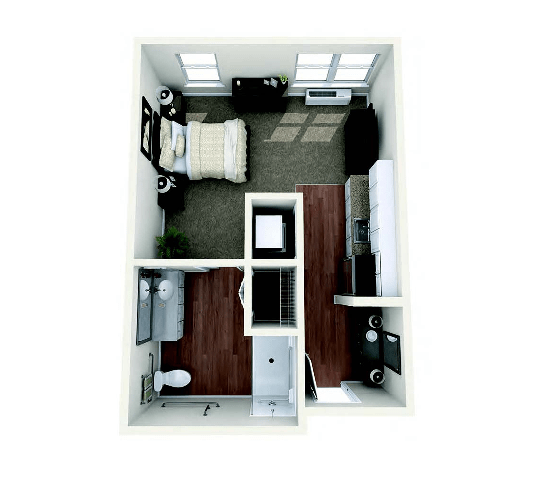 Overhead view of a compact studio apartment layout.