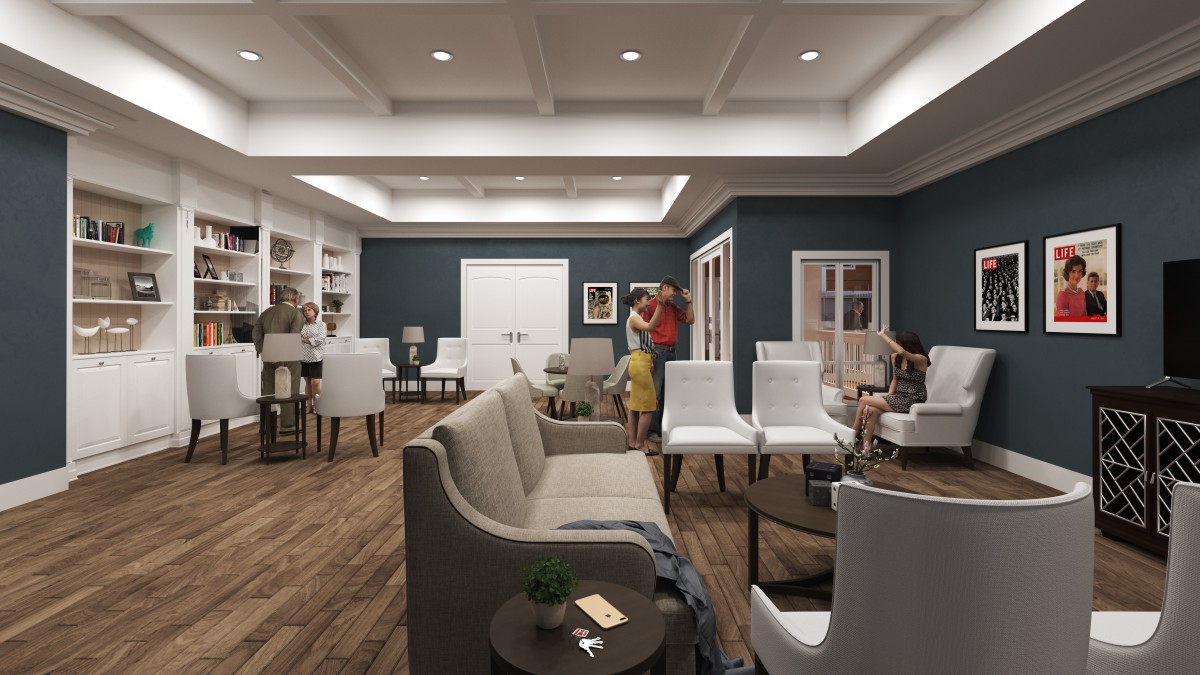 A spacious living room with modern furnishings and a coffered ceiling.