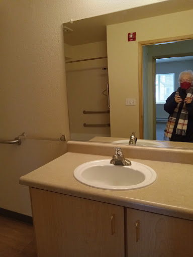 A view of a simple bathroom featuring a sink, mirror, and handrails.