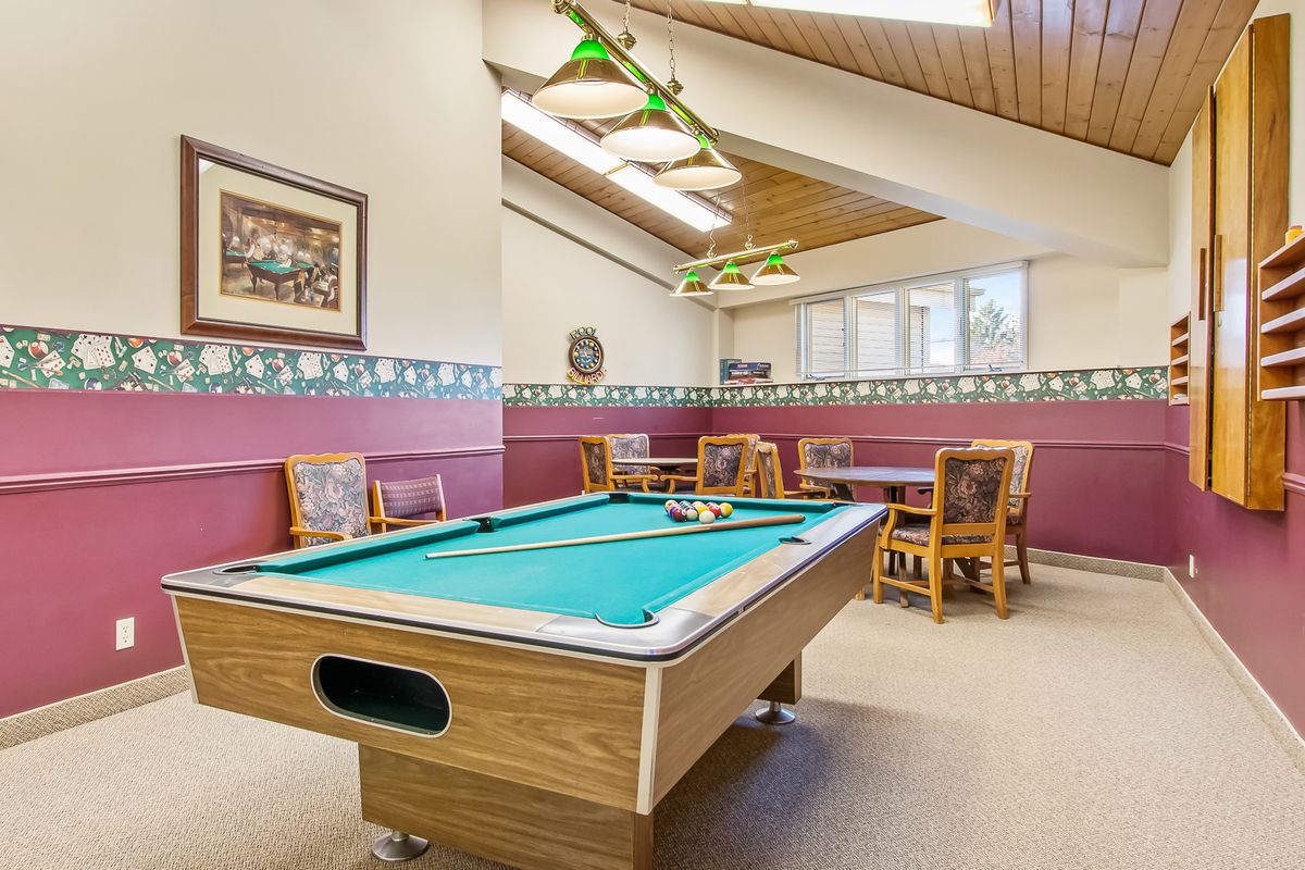 A cozy recreation room featuring a billiards table and seating area under bright indoor lighting.