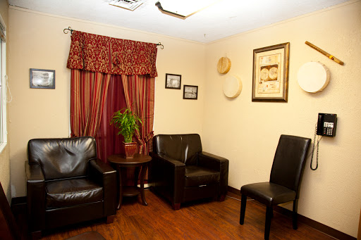A cozy waiting room featuring stylish black chairs, a decorative plant, and art on the walls.
