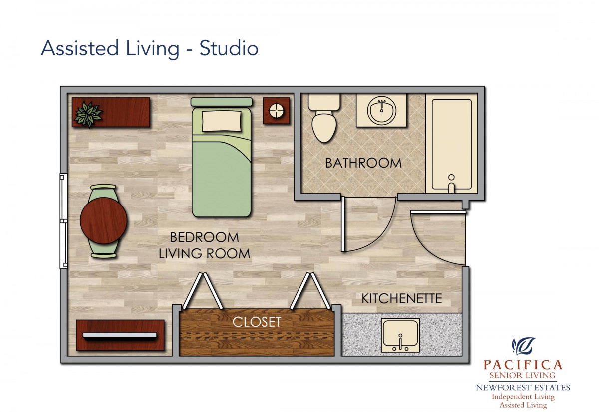 Studio apartment floor plan for assisted living with a combined bedroom and living area, kitchenette, bathroom, and closet.