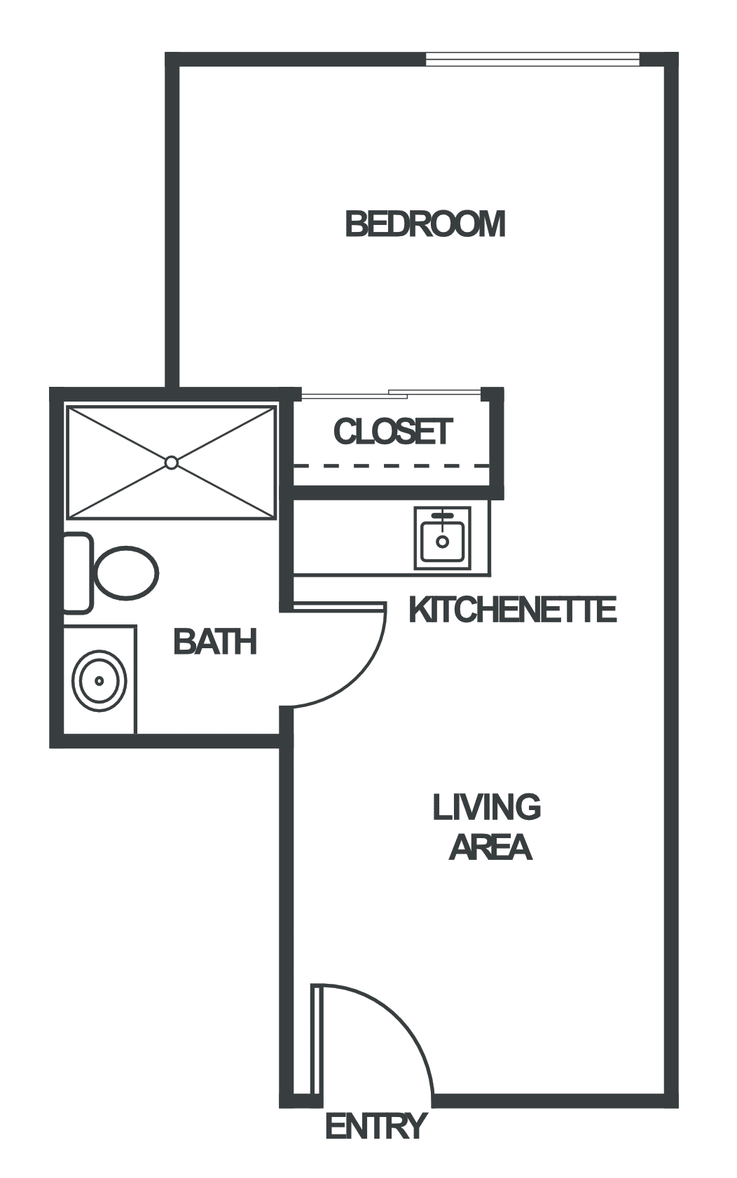 Floor plan of a small apartment with a bedroom, bath, kitchenette, and living area.