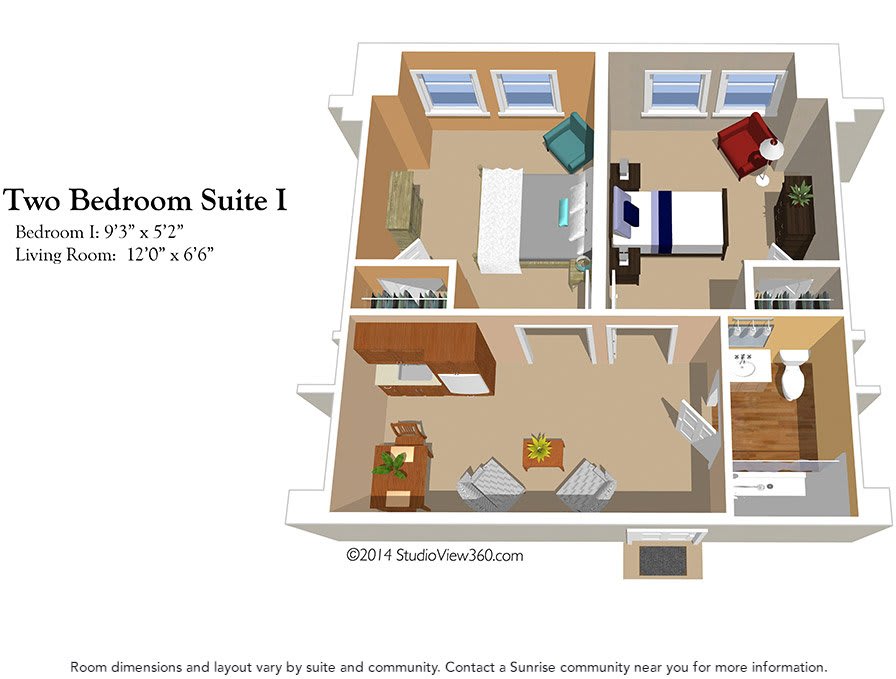 3D floor plan of a two-bedroom suite with detailed room layout.