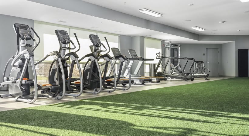 A modern gym with treadmills and elliptical machines lined up beside a turf-covered floor.