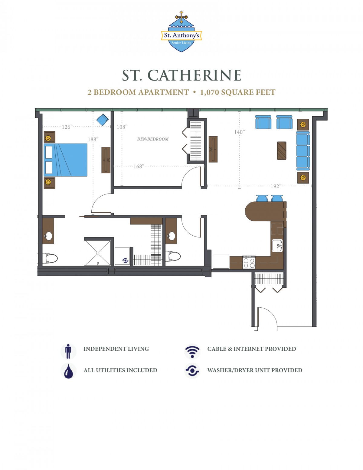 Floor plan of a two-bedroom apartment at St. Catherine with a living area and kitchen layout.