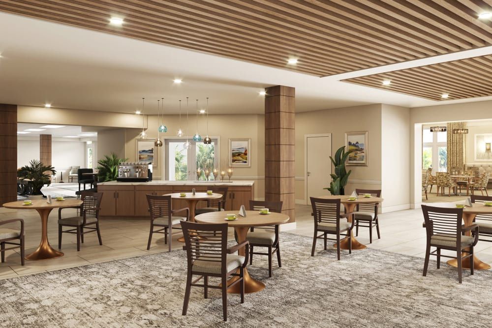 A spacious and inviting cafe interior with wooden furniture and modern decor.