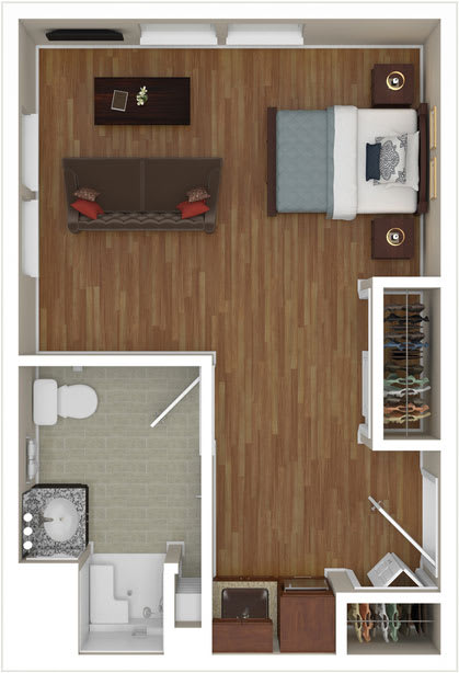 A top view of a compact apartment floor plan with a bedroom, living area, and bathroom.