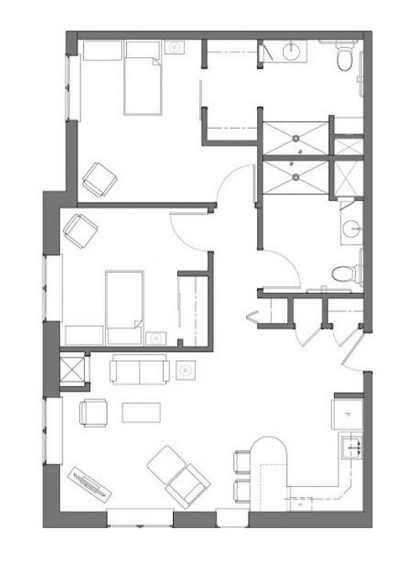 A detailed floor plan of an apartment highlighting room layouts and furniture arrangements.