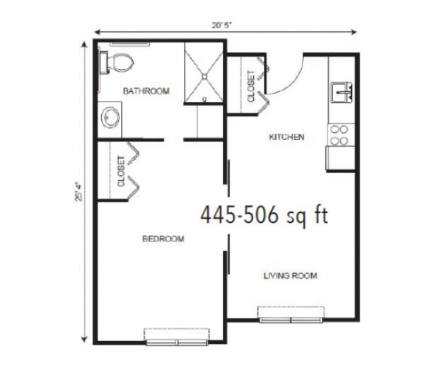 A floor plan of a small apartment measuring between 445 and 506 square feet, featuring one bedroom, a bathroom, a kitchen, and a living room.
