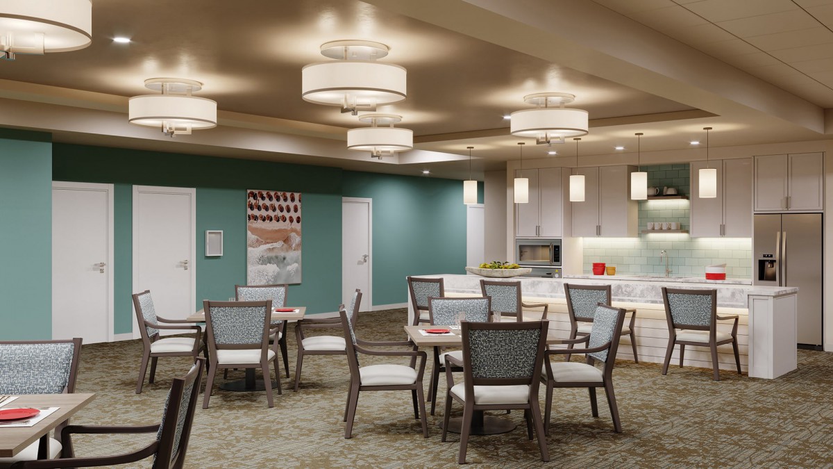 A modern dining area with stylish lighting and decor.