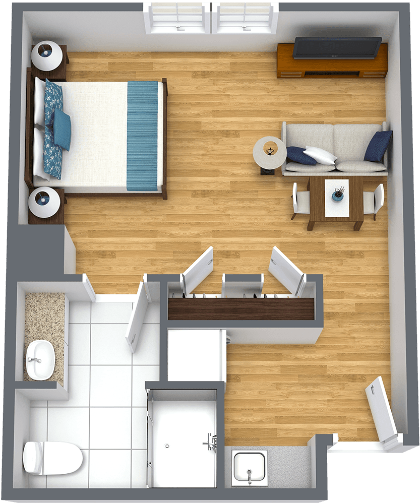 A top-down view of a one-bedroom apartment floor plan with designated living and sleeping areas.