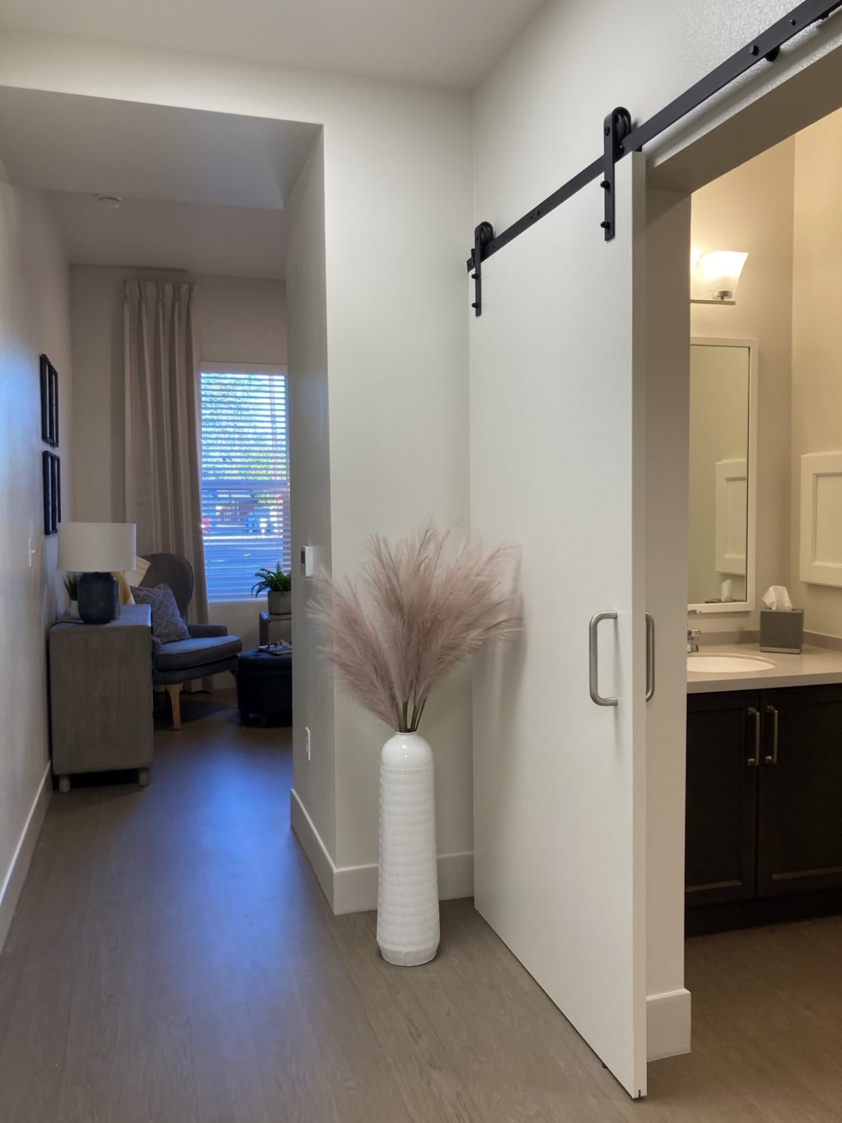 A modern interior featuring a hallway with a vase of pampas grass, leading to a bathroom and living area.