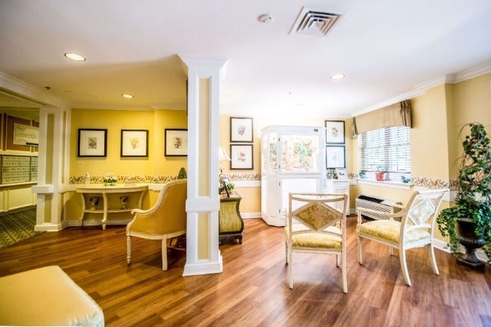 A bright and welcoming living room with elegant furniture and large windows.