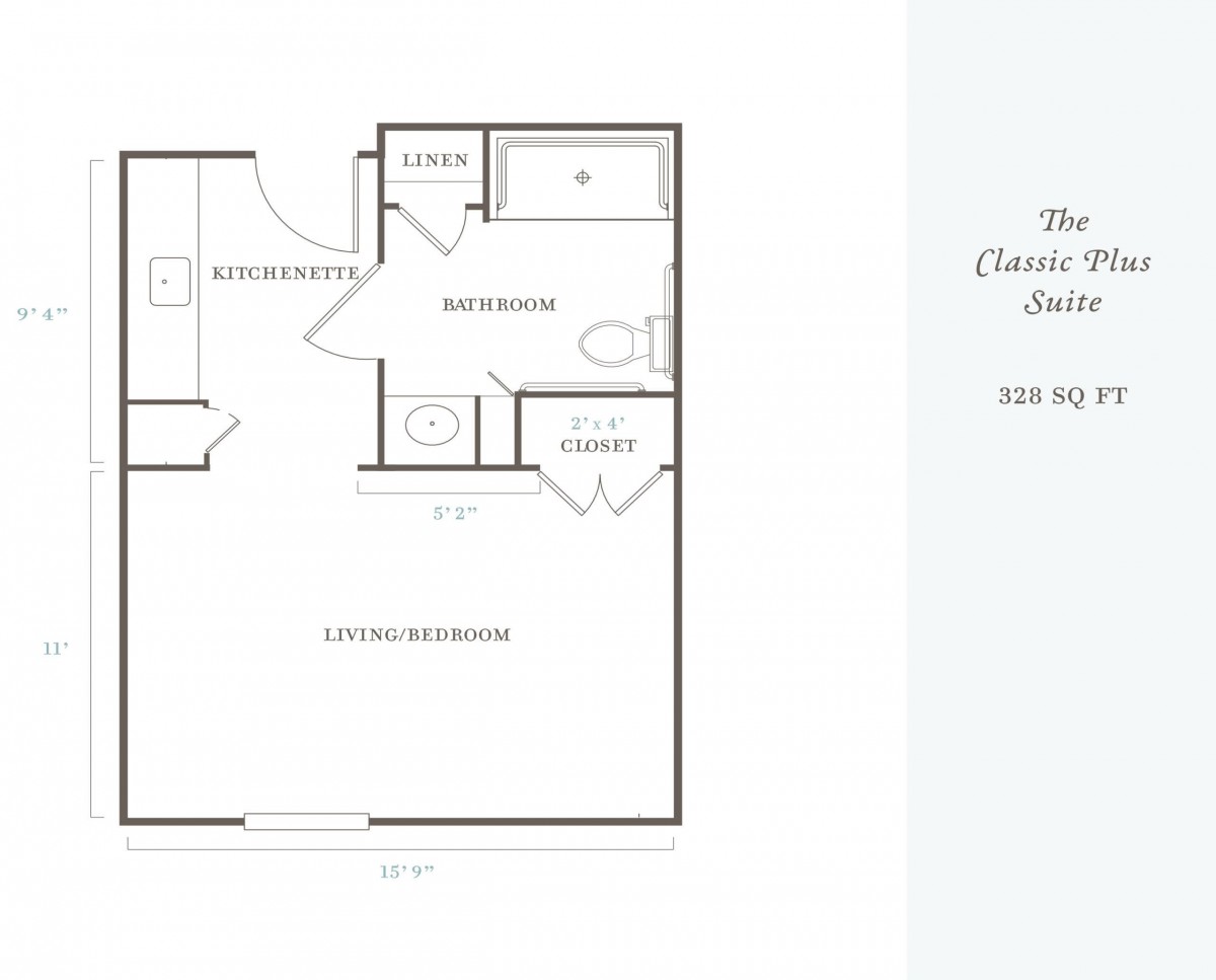 Floor plan of a classic studio apartment with an area of 588 sq. ft.