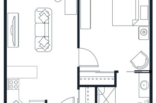 A detailed section of a floor plan featuring living room and adjoining spaces.