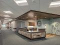 Modern office reception area with a central desk.