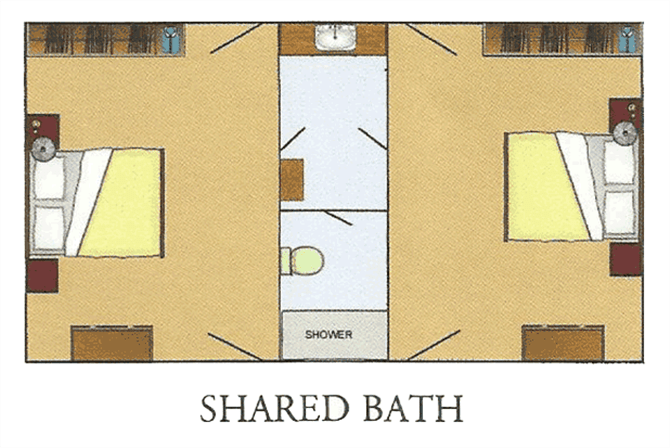 A floor plan depicting a shared bathroom layout between two rooms.