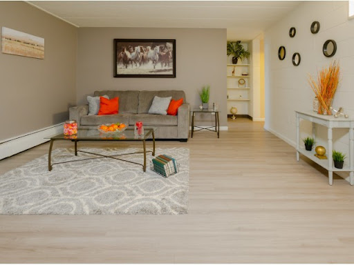 A stylish and modern living room featuring a comfortable sofa adorned with colorful cushions, a sleek coffee table, and tasteful artwork on the walls.