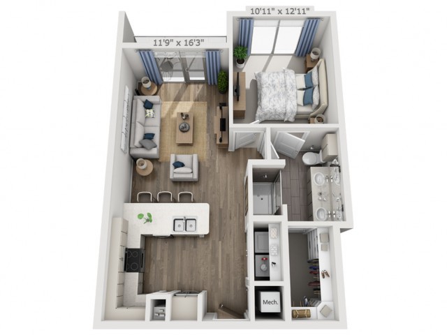 A 3D floor plan of a one-bedroom apartment, featuring a living room, kitchen, bedroom, and bathroom.