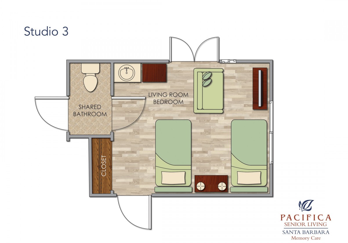 A floor plan layout of a bedroom with two beds, a bathroom, and furniture.