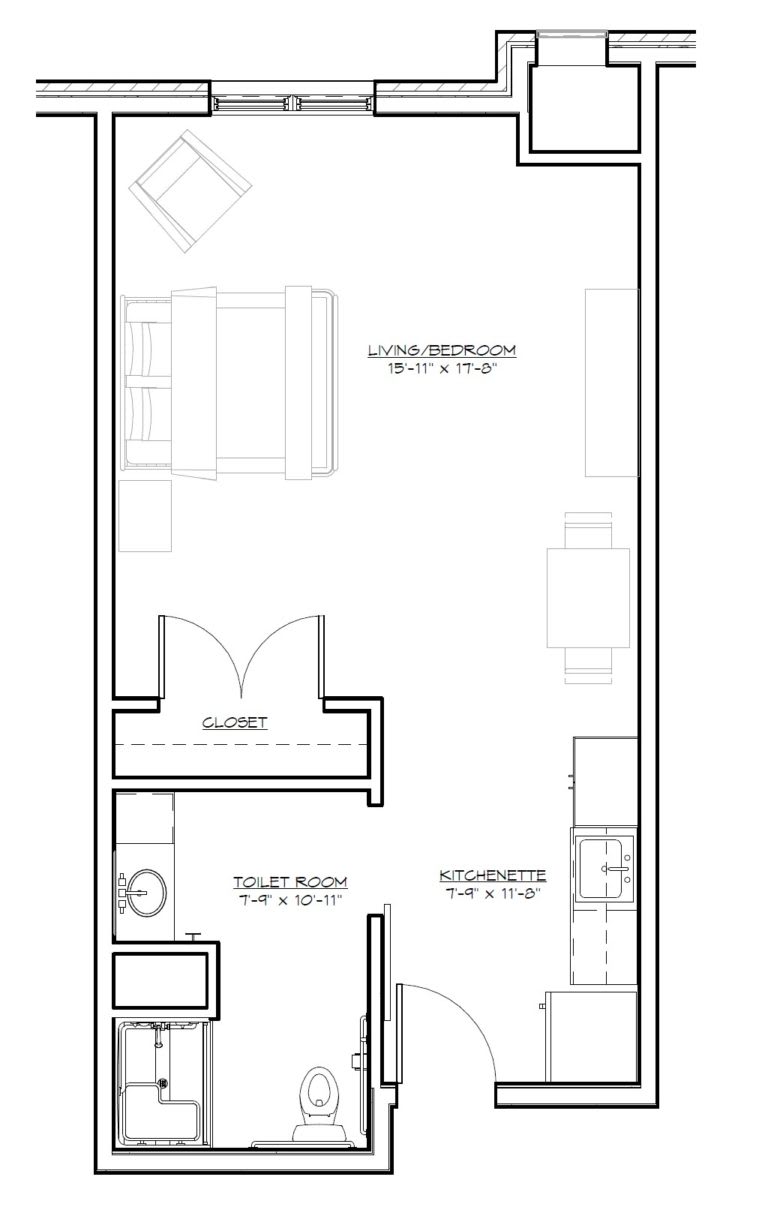 A floor plan of a one-bedroom apartment with labeled areas including the living room, kitchen, bathroom, and closet.