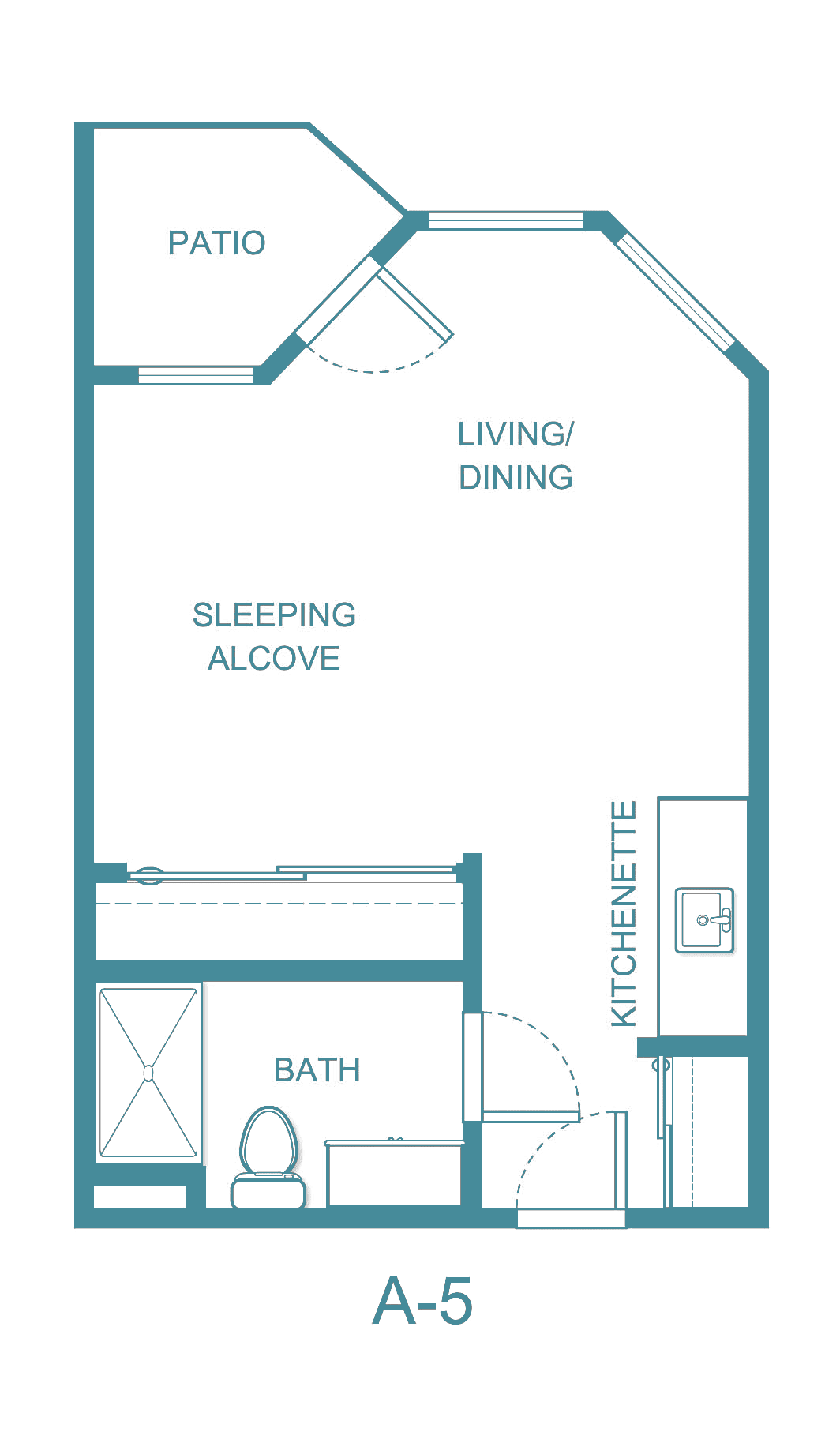 Studio apartment floor plan featuring living/dining area, sleeping alcove, kitchenette, and bathroom.
