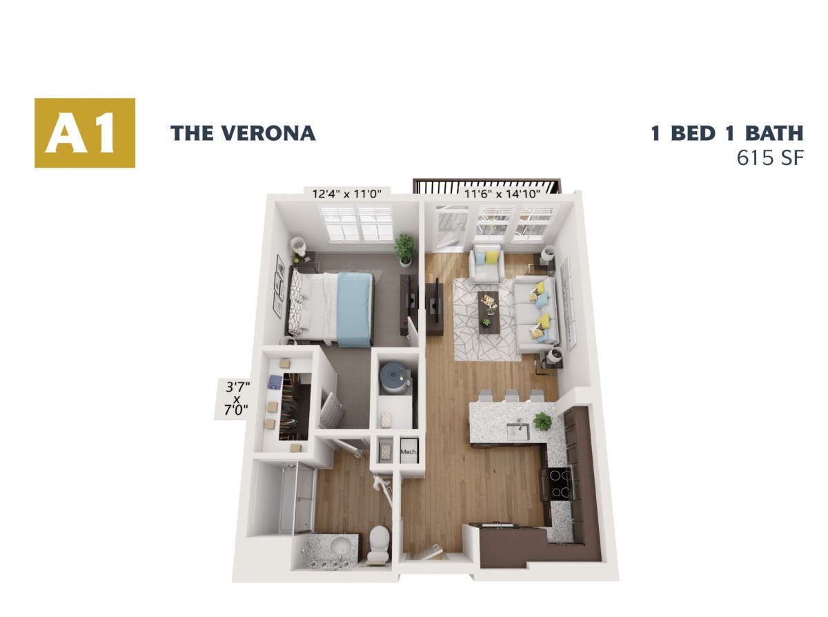 A detailed floor plan of a one-bedroom apartment named 'The Verona'.