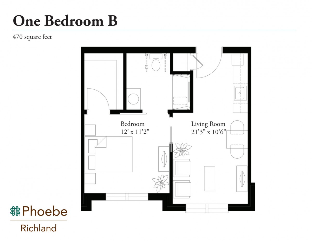 A floor plan of a one-bedroom apartment featuring a living room and kitchen area.