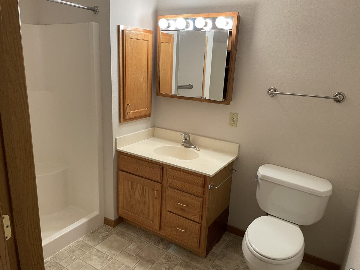 A bathroom with a vanity, mirror, and shower.