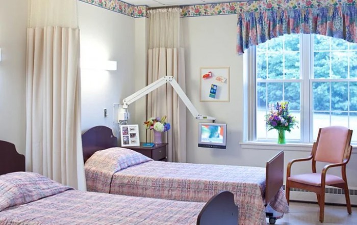 A hospital room with two beds and medical equipment, decorated with a flower vase by the window.