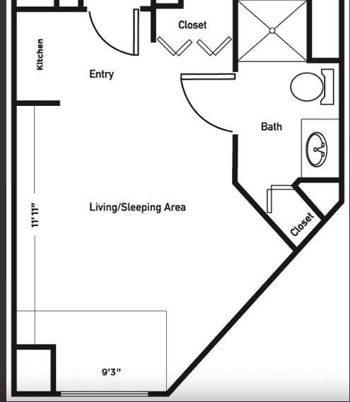 Studio apartment floor plan showing living/sleeping area, kitchen, and bathroom layout.