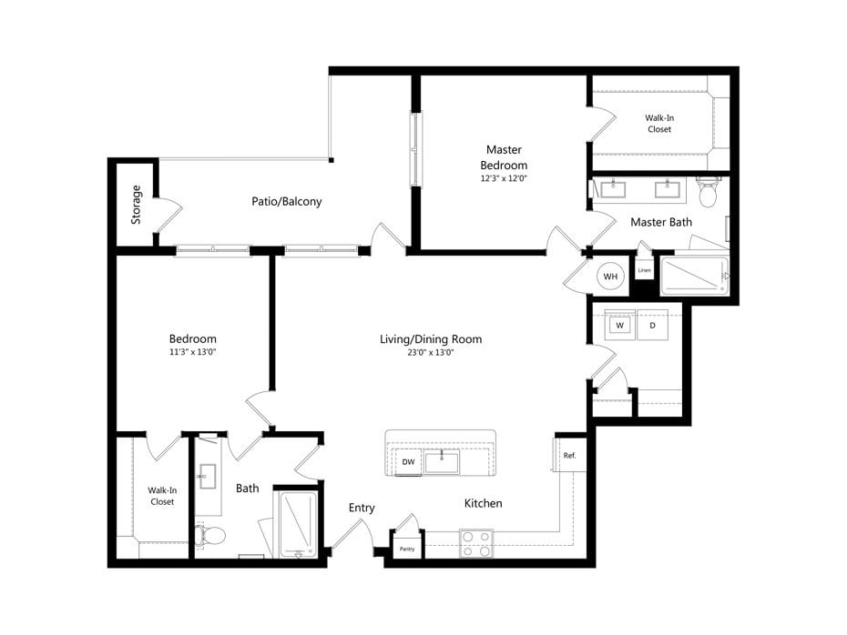A floor plan of a two-bedroom apartment showcasing the layout of rooms including a living/dining area, kitchen, master bedroom with en-suite bathroom, additional bedroom, and utility spaces.