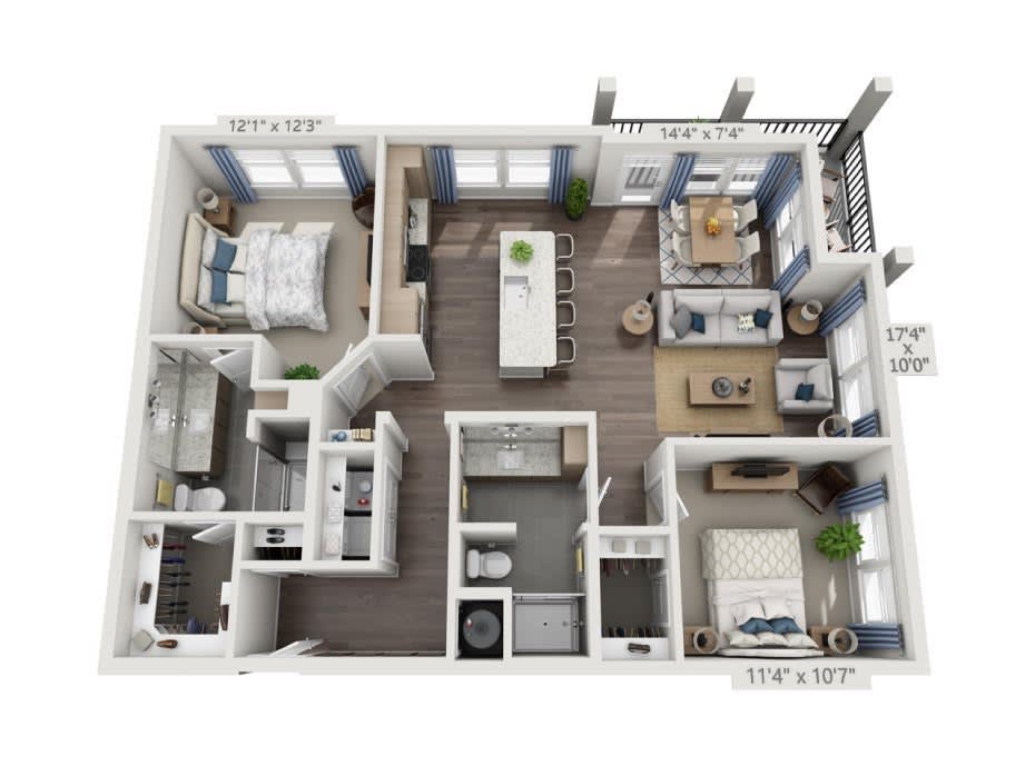 A detailed floor plan of a modern two-bedroom apartment with an open kitchen, living area, bathroom, and balcony.