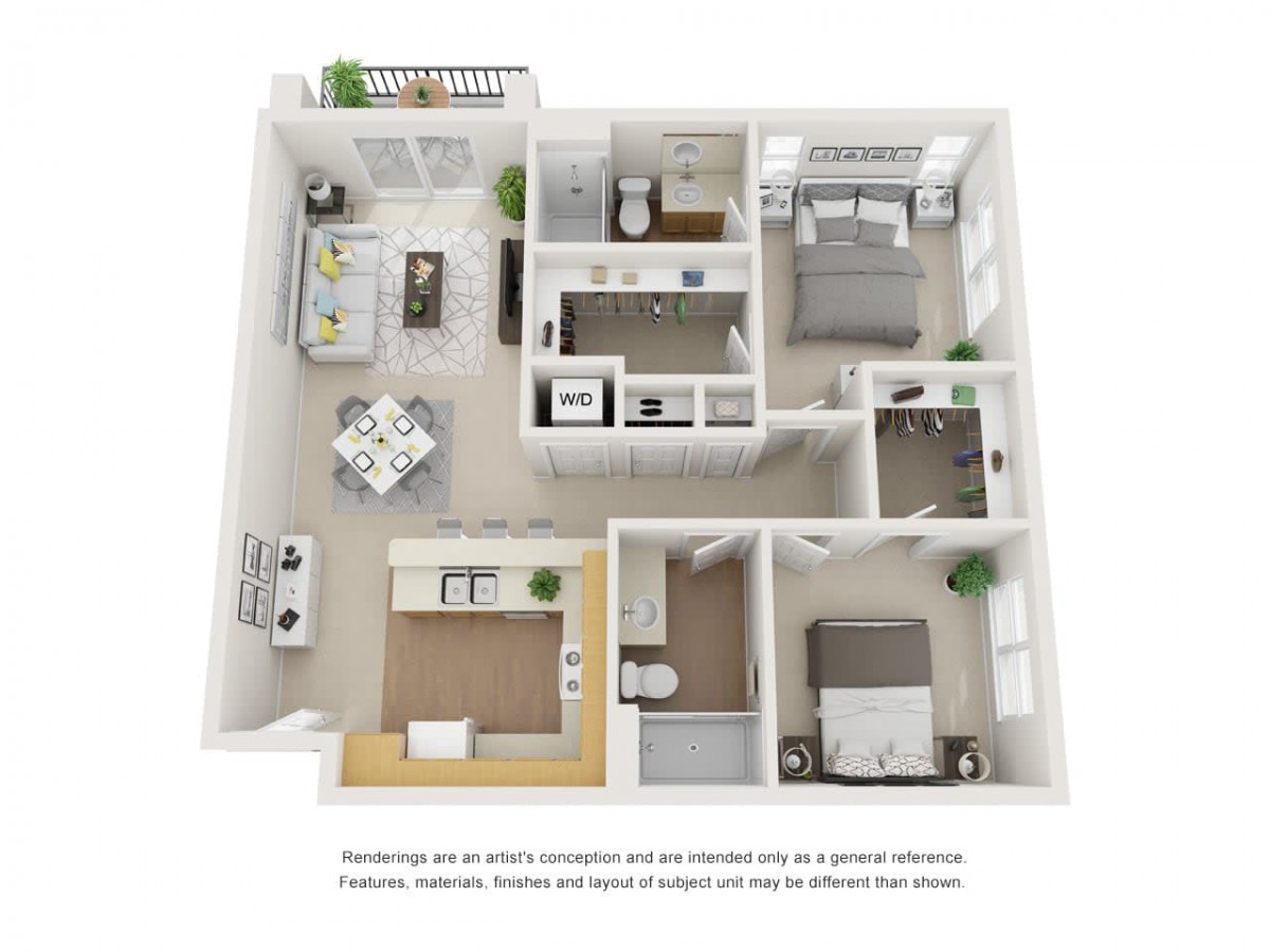 A 3D floor plan of a two-bedroom apartment, showcasing the arrangement of rooms and furniture.