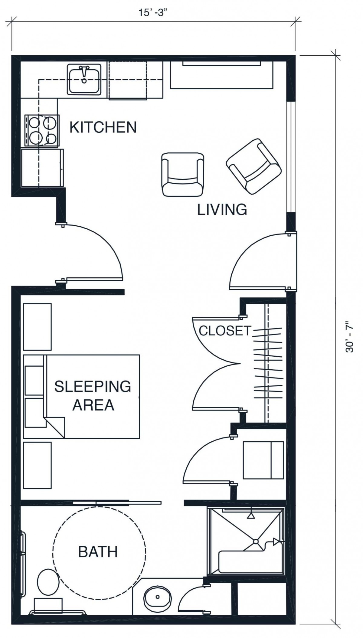 Studio apartment floor plan with designated sleeping and living areas.