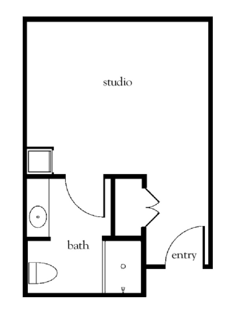 Floor plan of a studio apartment with bath and entry areas.