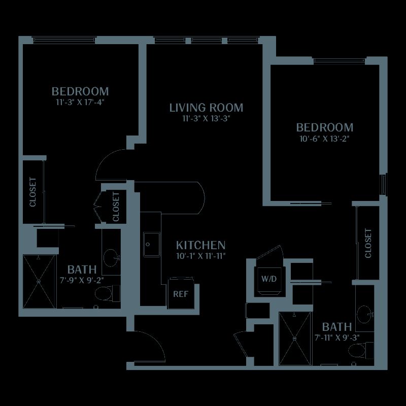 Floor plan of a two-bedroom apartment with labeled rooms and spaces.