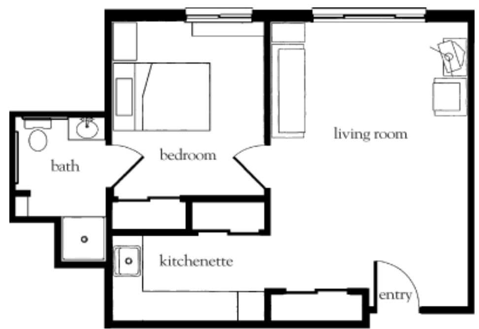 A simple floor plan of a one-bedroom apartment with a living room, kitchenette, and bathroom.
