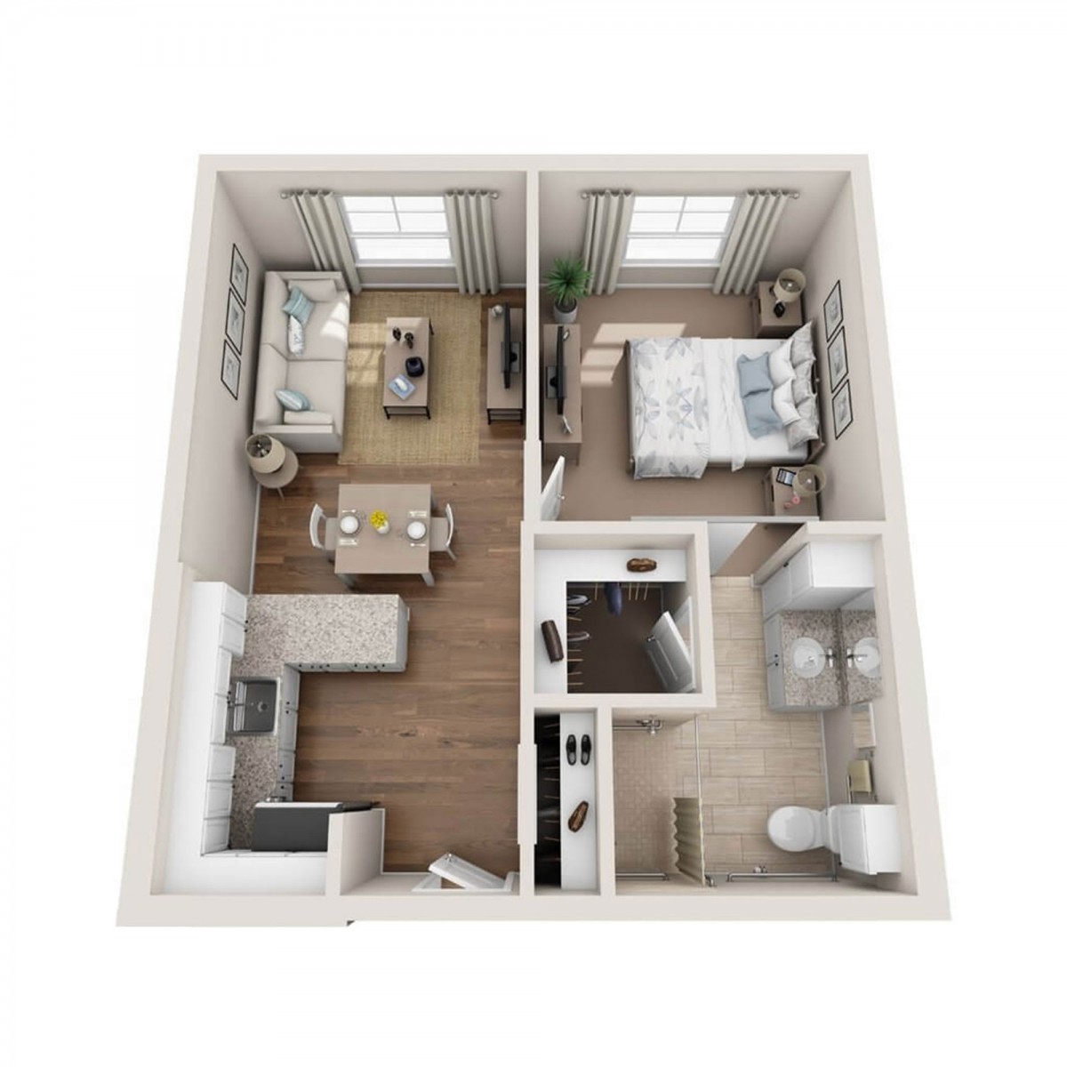 A 3D floor plan of a one-bedroom, one-bathroom apartment with an open concept kitchen and living area.