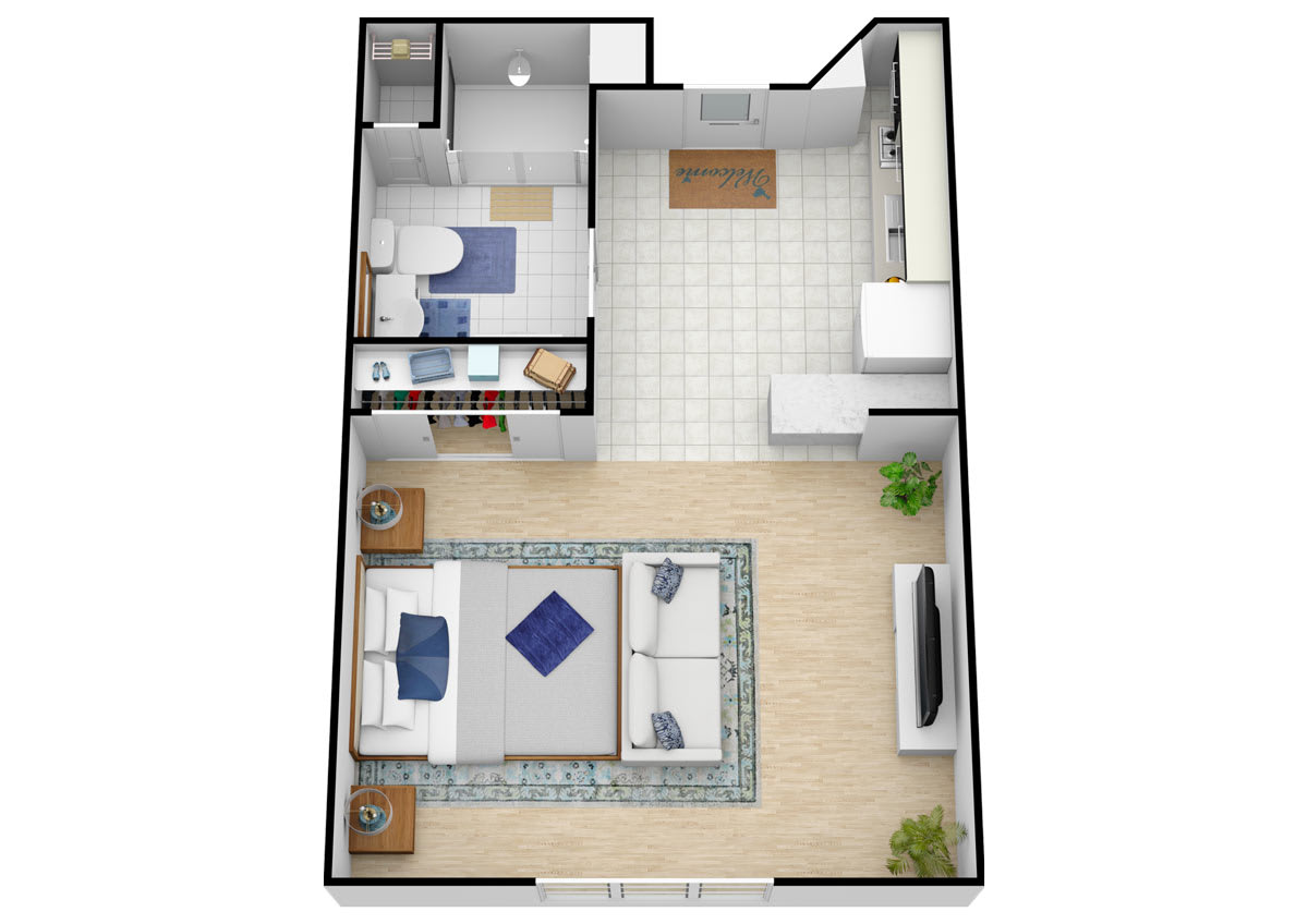 3D floor plan of a one-bedroom apartment with a living area, kitchen, and bathroom.