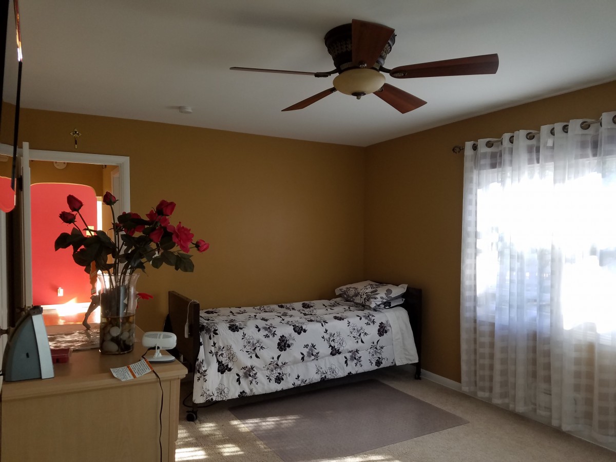 A cozy bedroom with a single bed, ceiling fan, and sunlight streaming through curtains.