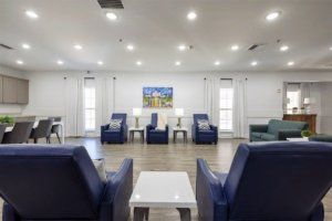 A modern and brightly lit living room with blue chairs and a central table.
