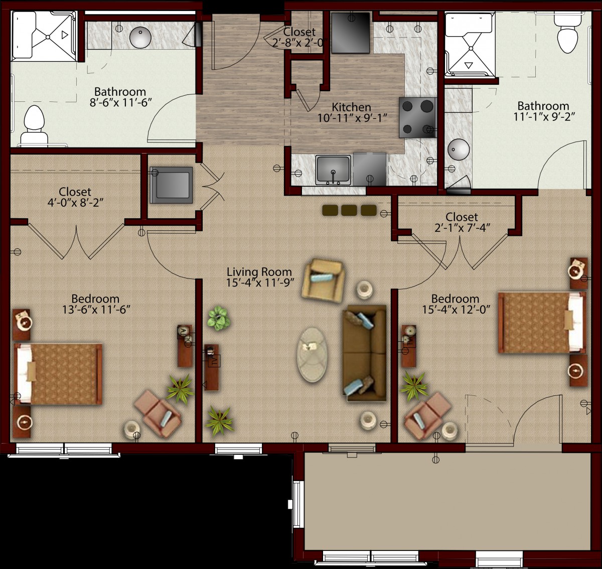 A floor plan of an apartment featuring two bedrooms, a living room, kitchen, and bathrooms.