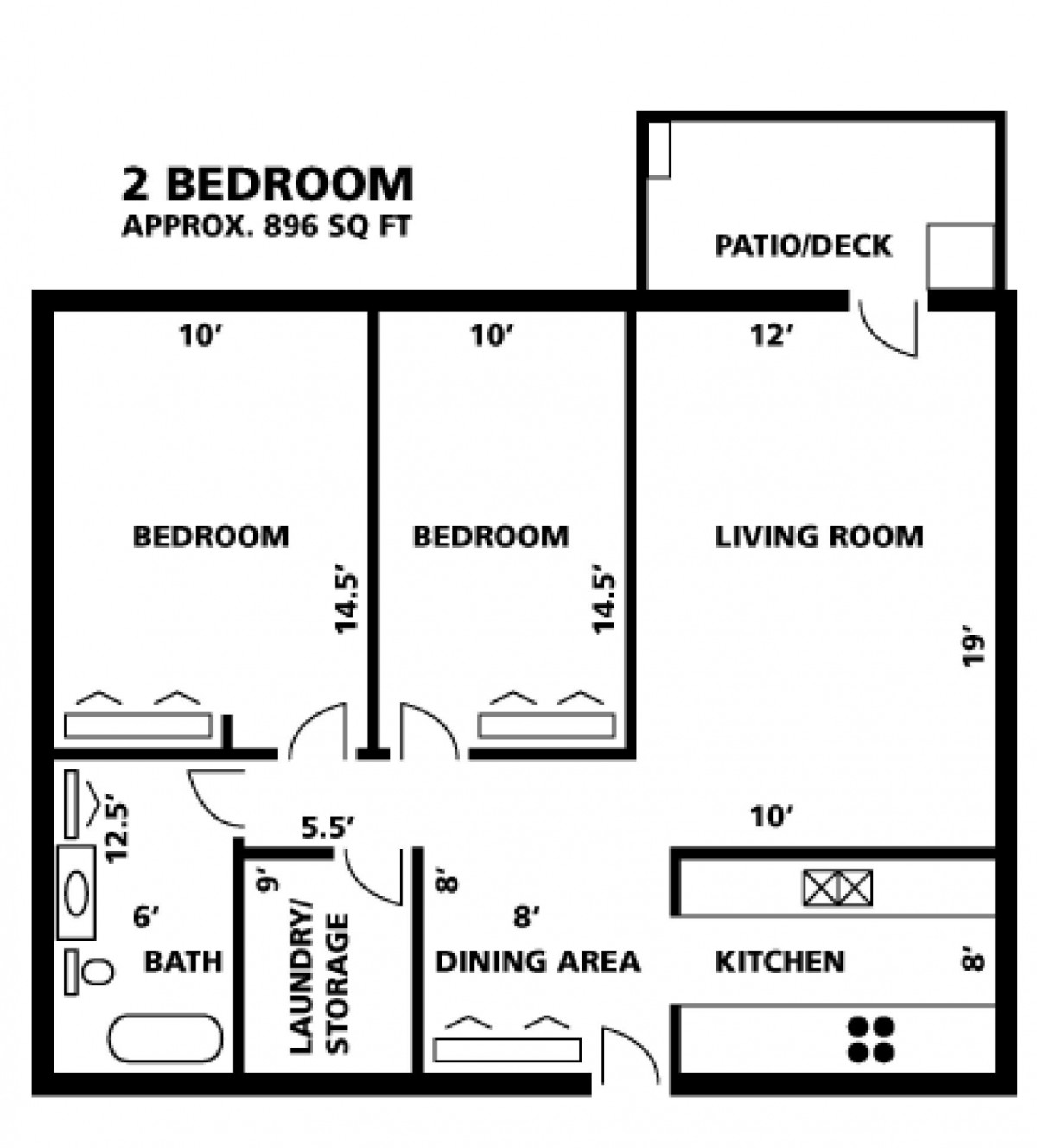 A floor plan of a two-bedroom apartment layout with dimensions.