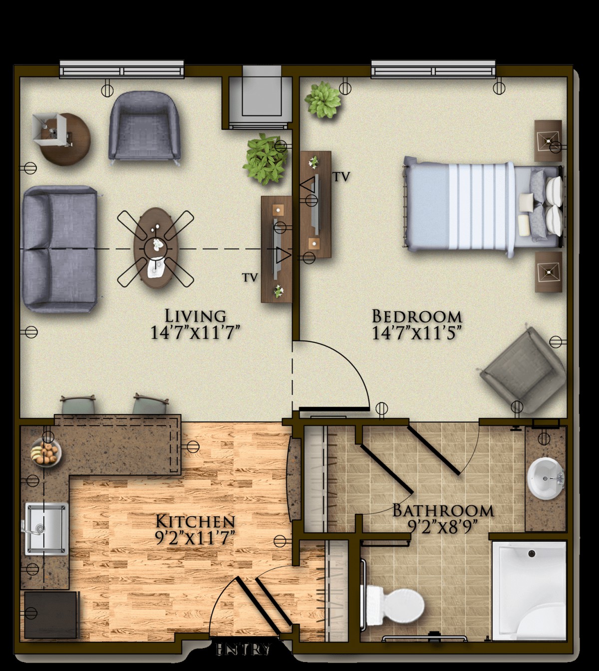 A floor plan of an apartment featuring a living room, bedroom, kitchen, and bathroom.